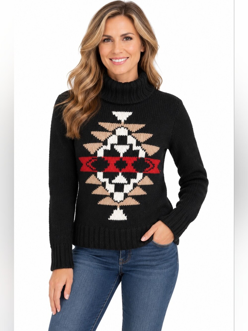 Hollister Black Turtleneck Sweater with Red and Cream Aztec Design